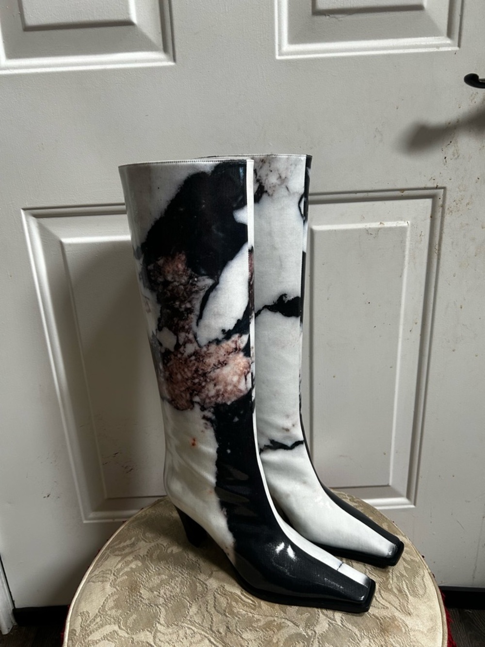 Roberto Cavalli Black, White and Brown Marble-Print Knee Boots